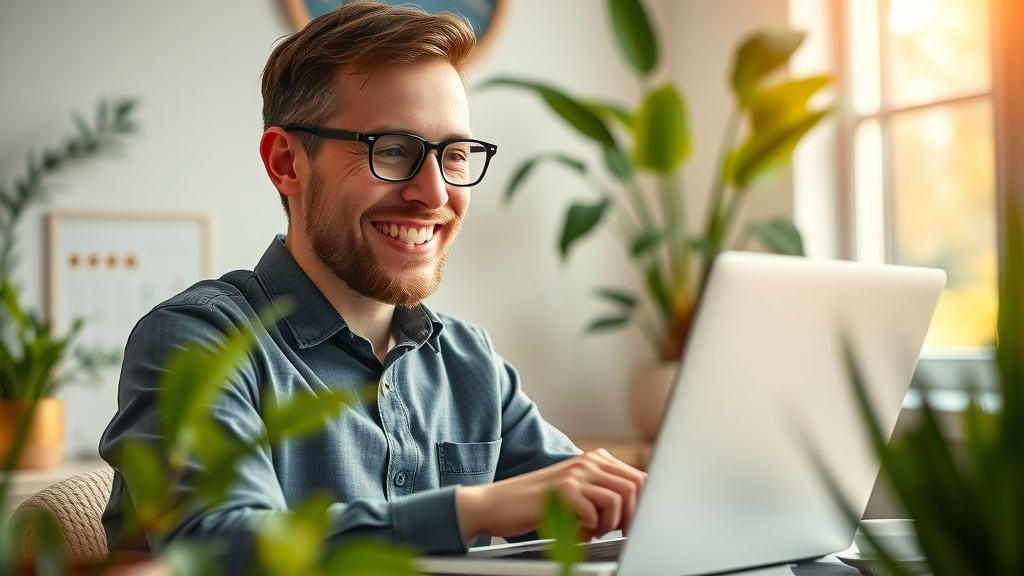 Business owner reading positive online reviews on a laptop, reputation management for high converting online local marketing, photorealistic, sunlit workspace, comfort yellows and greens, 35mm lens