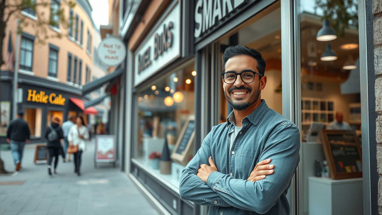 Modern small business storefront business local online marketing confident business owner photorealistic inviting local street