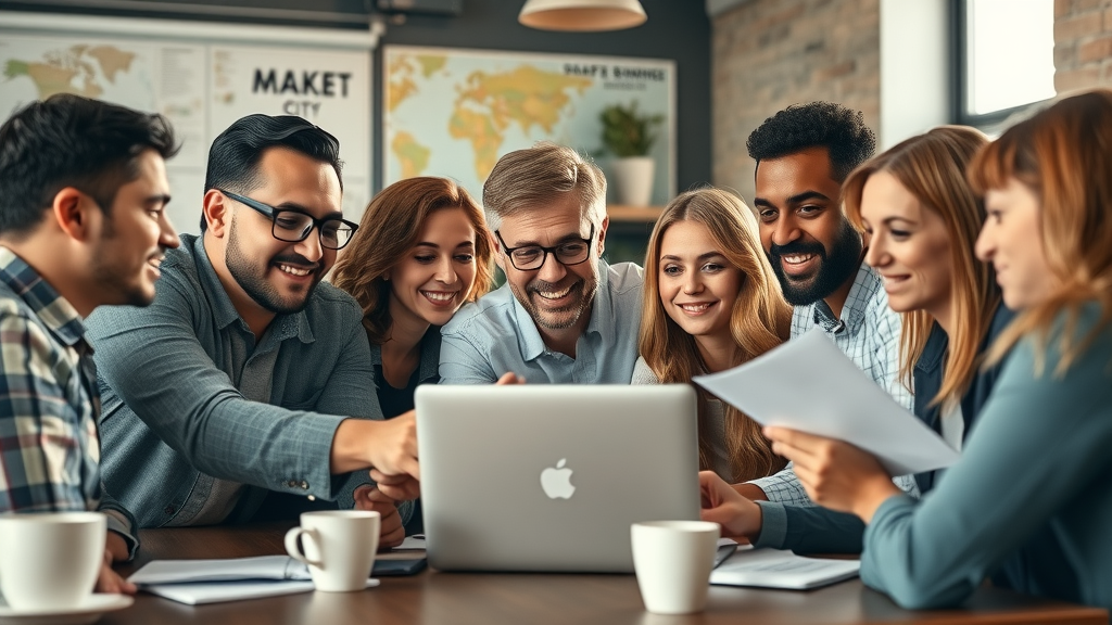 Professional marketing team business local online marketing diverse group collaborating photorealistic coworking space