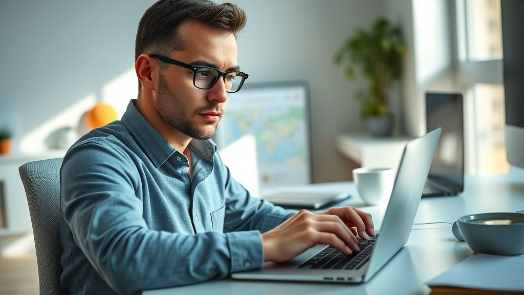 Business owner using computer for local seo google business profile online presence
