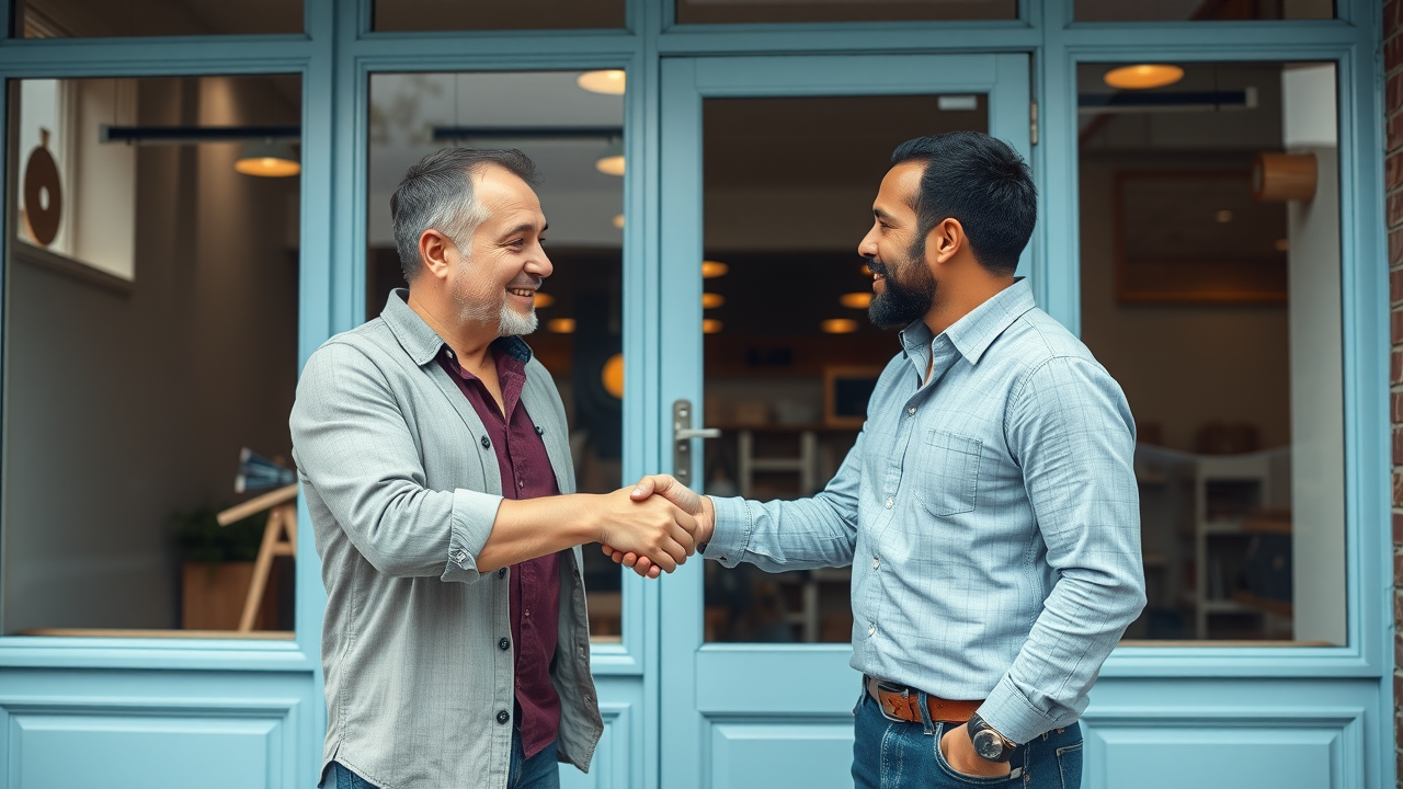 Local business collaboration two small business owners congratulating each other on a successful online marketing cross-promotion